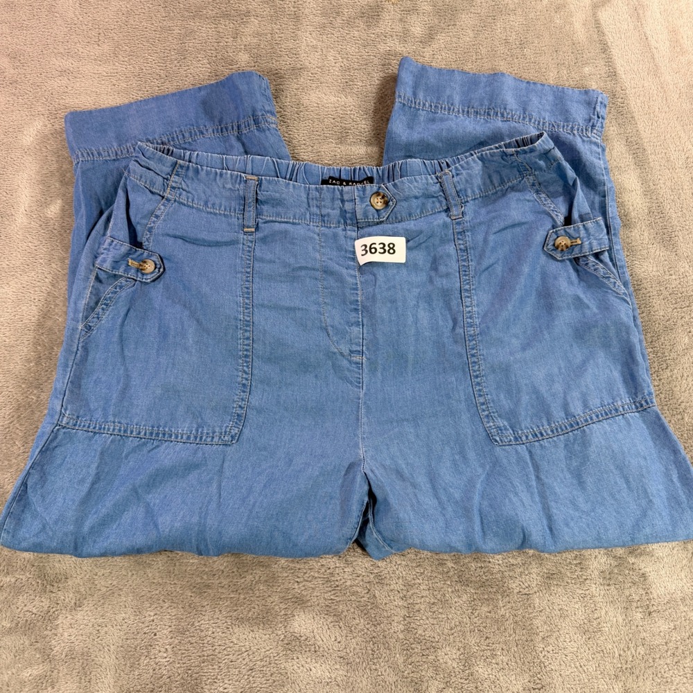 Zac & Rachel Cropped Pants Womens L Blue Lyocell Elastic Waist Casual Trousers